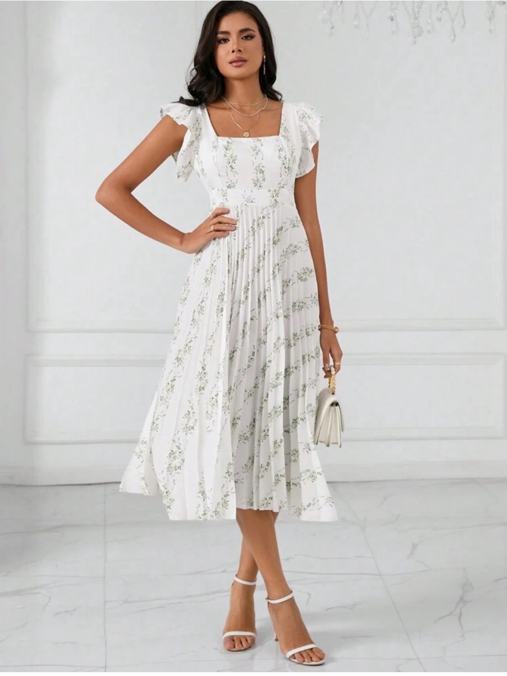 Women's White Floral Midi Dress with butterfly sleeve